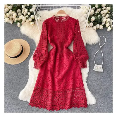 (red, XL) Rugod Temperament Goddess Fan High-end Court Retro Dress Waist Slim Hollow Hook Flower