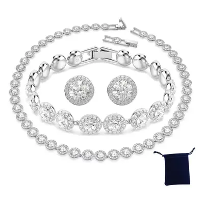 (SHLTZ1) S925 Silver Classic Happiness Diamond Round Crystal Earrings Bracelet Necklace Set Wome