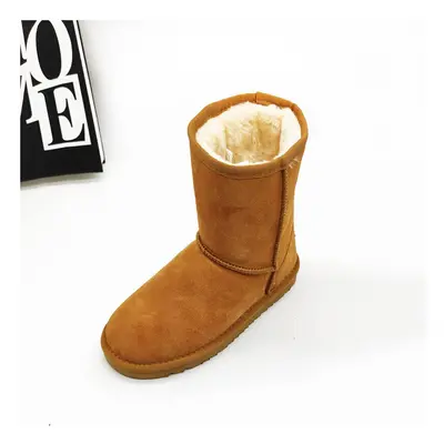 (Khaki, UK 10) Womens Men Winter Fur Leather Sheepskin Snow Boots