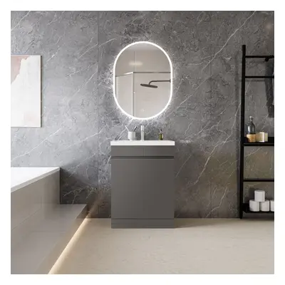 (High Gloss Grey) 600mm Floor Standing High Gloss Bathrooms Vanity Units with Thick Ceramice Bas