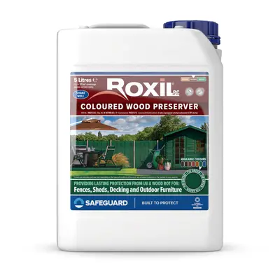 (5L, Fir Green) Roxil Wood Stain Preserver - Fast-Drying Satin Finish for Decking, Fence, Shed, 