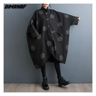 (black, One Size) Dimanaf Plus Size Autumn Winter New Jackets Loose Batwing Sleeve Polka Dot Vin