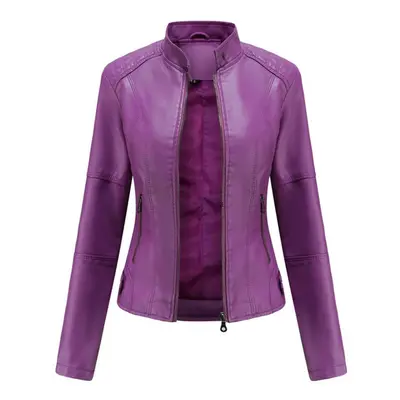 (purple, M) Women Faux Leather Biker Jacket Pu Motorcycle Casual Zip Up Slim Coat Cropped Racer 