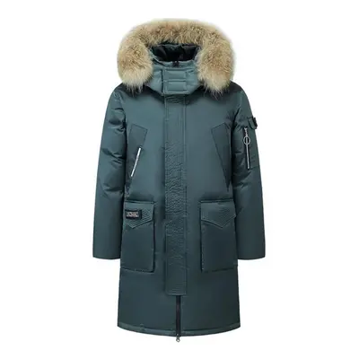 (green, XL) New Winter Thick Men&apos;s Down Jacket Pure Color Detachable Fur Collar Casual Whit