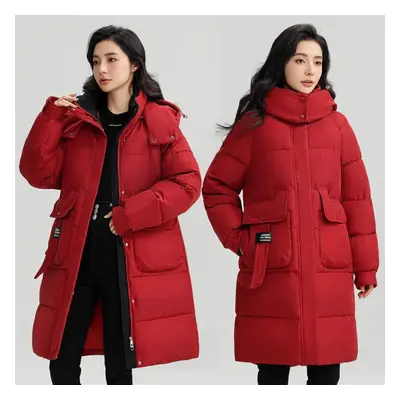 (red, L) Autumn Winter Thicken Warm Long Stand Collar Parka Women Casual Solid Color Big Pocket 