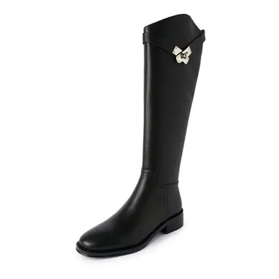 (black, 33) Meotina Genuine Leather Riding Boots Thick Med Heel Zipper Ladies Boots Round Toe Kn