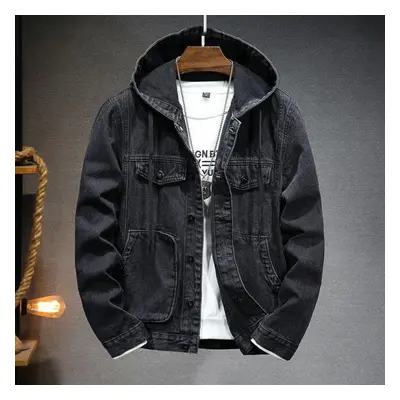 (black, XXXXL) Spring Men&apos;s Hooded Denim Jacket Casual Fashion Sport Denim Jacket