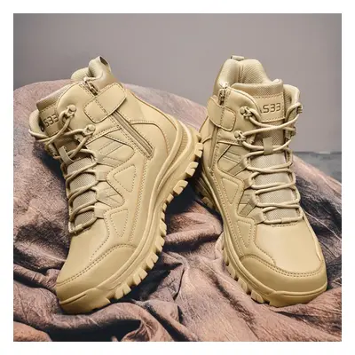 (beige, 42) Tuinanle Men Boots Waterproof Leather Outdoors Camping Hiking Shoes Fishing Hunting 