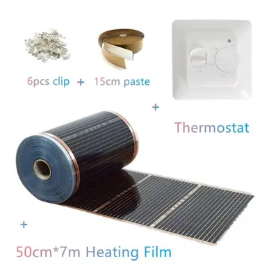 (50cm*7m film+thermostat) Warm Floor Mat Kits With Thermostat Clips Insulation Pastes Save Energ