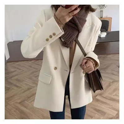 (beige, M) Spring And Autumn Korean Women Suit Jacket And Blazers Double Breasted Notched Coat W