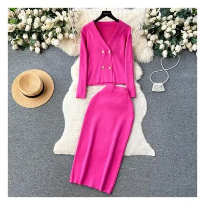 (rose red, One Size) Women Chic Elegant Elastic Bodycon Dress Sexy Long Sleeve Fashion Double Br