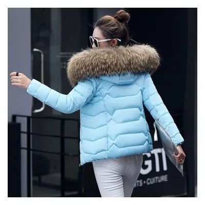 (blue, XXXL) Women Winter Warm Coat Fake Fur Collar Parka Down Solid Color Full Sleeve Long Thic