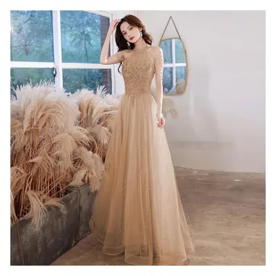 (khaki, L) Elegant Celebrity Dress Sequins Beading Halter With Tassel Sleeve A Line Exquisite Fl