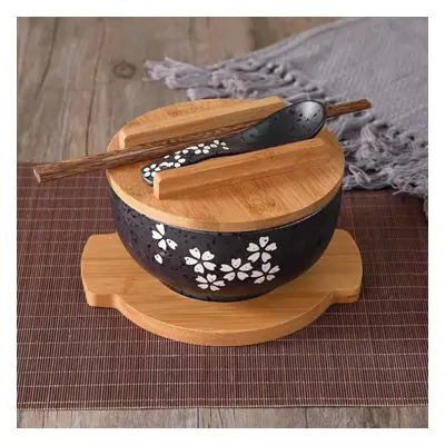 (black) 1000ml Japanese Rice Noodle Bowl With Lid Spoon And Chopstick Kitchen Tableware Ceramic 