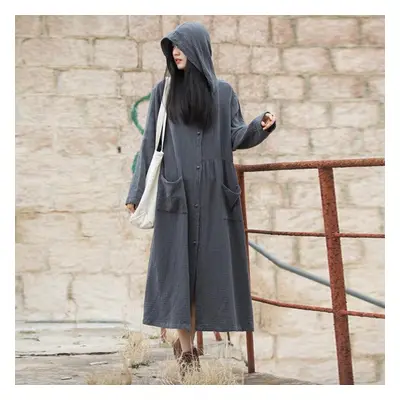 (dark gray, One Size) Johnature Women Vintage Hooded Solid Color Spring Coats Button Long Sleeve