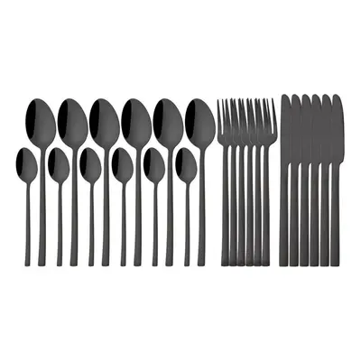 (24pcs-Black) 24pcs Rainbow Color Cutlery Set Knife Fork Spoon With Rack Dinnerware Set Stainles