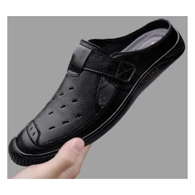 (black, 42) Summer Genuine Leather Shoes Men Half Slippers Business Dress Men Sandals