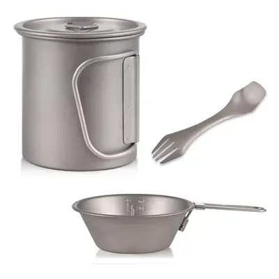 (grey) Camping Cutlery Titanium Cup Bowl Spork Titanium Pieces Set Tableware Outdoor Coffee Cup 