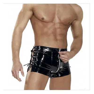 Bondage Zipper open men\'s shiny leather short shorts Gothic punk crazy fancy Europe strong man 