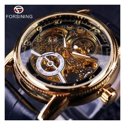 Winner Golden Case Casual Brown Leather Strap Mens Watches Hollow Out Mechanical Skeleton Transp