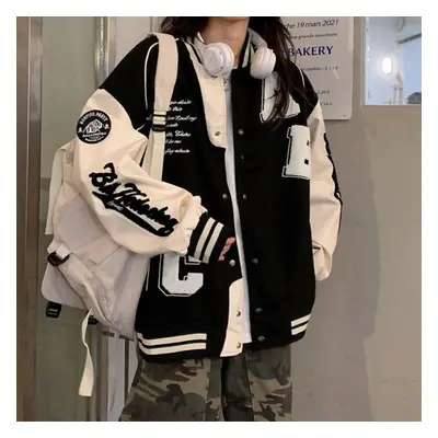 (black, S) Vintage Bomber Jacket Women Harajuku Fashion College Uniform Varsity Baseball Jackets