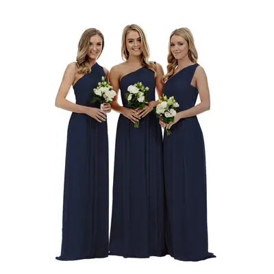 (Navy Blue, 22) One-Shoulder Chiffon Evening Party Ball Gown Bridesmaid Dress