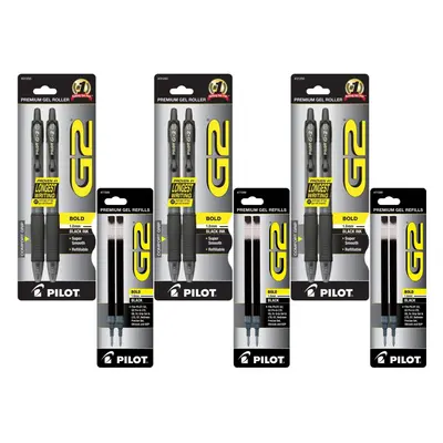 Pilot G2 Retractable Premium Gel Ink Roller Ball Pens Bold Point 6-Pack Black Ink with Black Ink