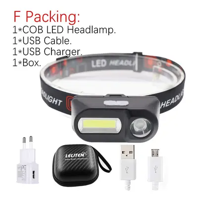 (F Packing, No Battery) Portable mini XPE+COB LED Headlamp USB Rechargeable Camping Head lamp Fi