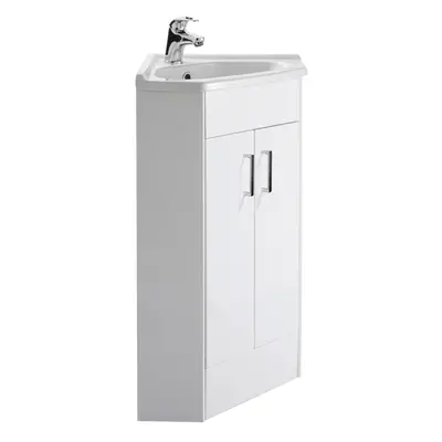 897mm x 590mm - Gloss White Corner Basin Vanity Unit - with Basin