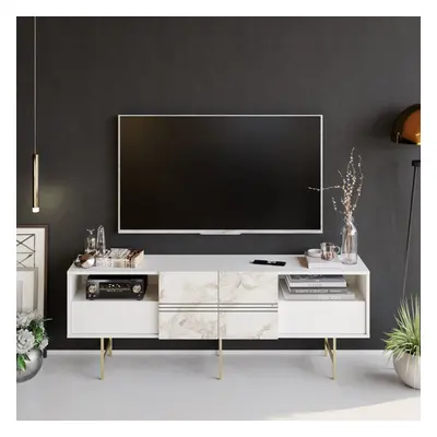 (White Marble Effect/Gold/White) Decorotika Derin cm Media Console and TV Stand for TVs up to 80