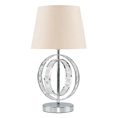 Modern Chrome Acrylic Jewel Intertwined Double Hoop Design Table Lamp with a Beige Polycotton Ta