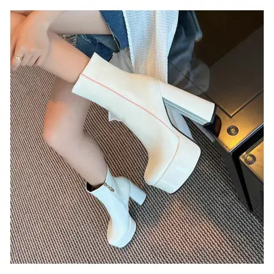 (white, 35) Women Ankle Boots Platform Square High Heels Ladies Short Boots