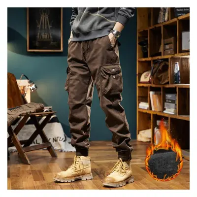 (brown, 29) New Winter Cargo Pants Men Multi-pockets Drawstring Fleece Liner Thick Warm Overalls