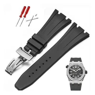 (Strap silver buckle 28mm) Silicone Watch Band For Ap Royal Oak Offshore Series 26470 Folding Bu