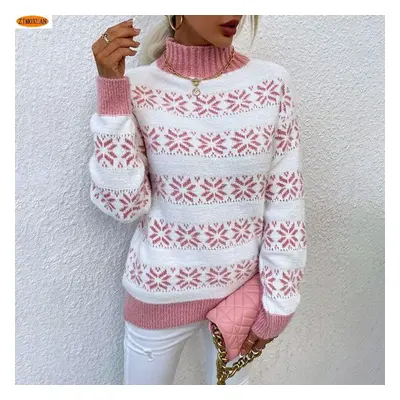 (pink, M) Zimoxuan New Winter Knit Sweater For Women Half Turtleneck Christmas Snowflake Pullove