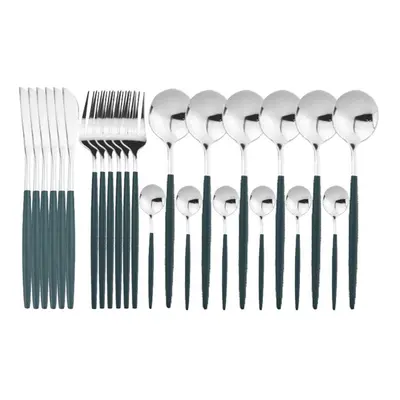 (green,silver) 24pcs Black Gold Dinnerware Set Stainless Steel Cutlery Set Kitchen Fork Knife Sp