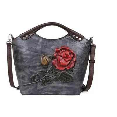 (gray) Johnature Retro Real Cowhide Women Shoulder & Crossbody Bags Genuine Leather Bag Rose Emb