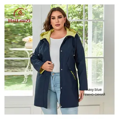 (blue, XL) Hailuozi Plus Size Women Clothing Double Layer Mid-long New Trench Coat High Quality 