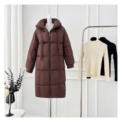 (coffee, M) Autumn Winter Thick Warm Medium Long Coat Women Loose Solid Color Hooded Jacket Park