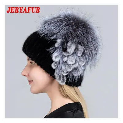 (as the picture) Jeryafur Women&apos;s Fur Hats Fluffy Winter Warm Knitted Natural Mink Fur Hats