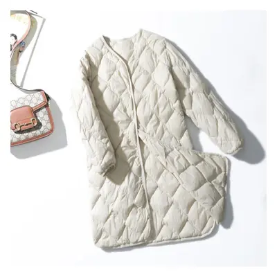 (beige, M) Women Winter Ultra Light Thin Duck Down Coat Winter Long Slim Warm Basic Quilted Puff