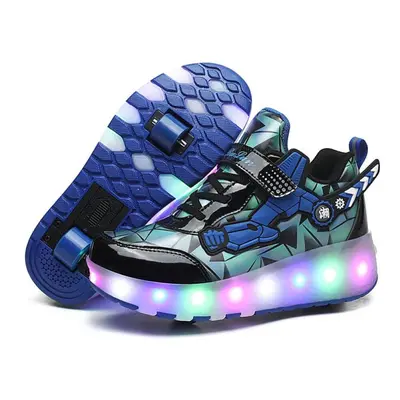 (blue, 31) Tuinanle Usb Led Light Sneakers For Kids Children Roller Skates Wheels Shoes Glowing 