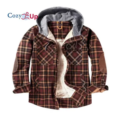 (brown, XL) Cozy Up Winter Casual Plaid Hooded Velvet Thickened Warm Men Shirt Men&apos;s Cotton