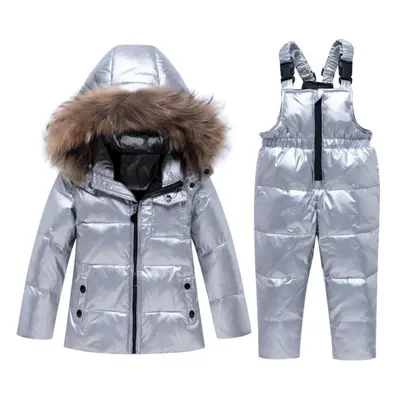 (silver, 100(3T)) 2pcs Set Baby Girls Boys Winter Hooded Snowsuit Puffer Down Jacket With Snow S