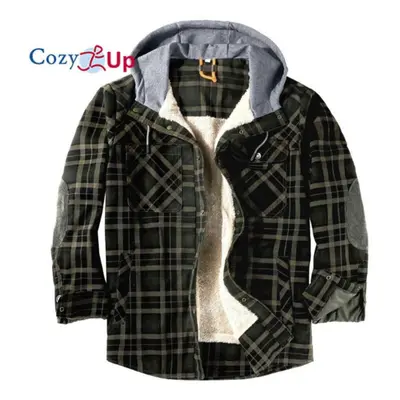 (army green, XXL) Cozy Up Winter Casual Plaid Hooded Velvet Thickened Warm Men Shirt Men&apos;s 