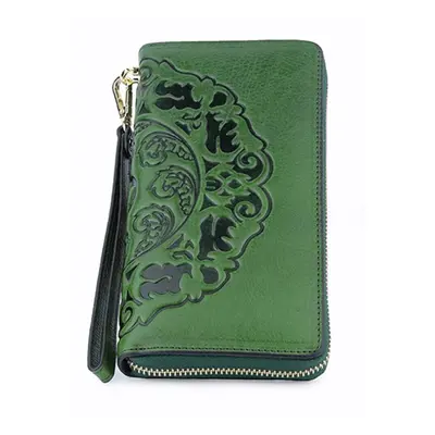 (green) Luxurious Women Wallet 100% Genuine Oil Waxing Leather Flower Large Capacity Long Ladies