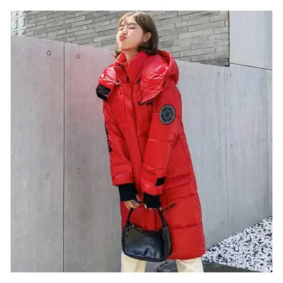 (red, XXL) Women X-long Winter Jacket Glossy Hooded Windproof Warm Bio Down Coat Oversize Cotton