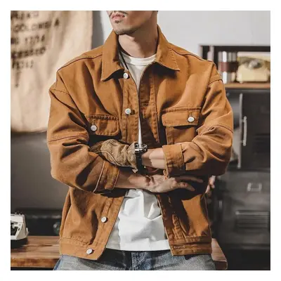 (yellow, M) Men&apos;s Spring Casual Vintage Long Sleeve Work Jacket