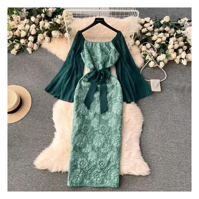 (green, XL) France Elegant Jacquard Dress Women&apos;s Chiffon Long Cloak Sleeve Patchwork Packa