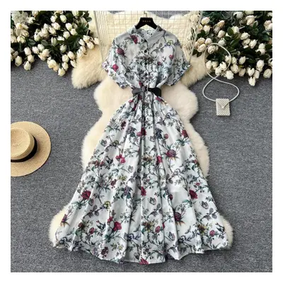 (white, XXL) French Vintage Print Lapel Dress Women&apos;s Short Sleeve Floral Print High Waist 